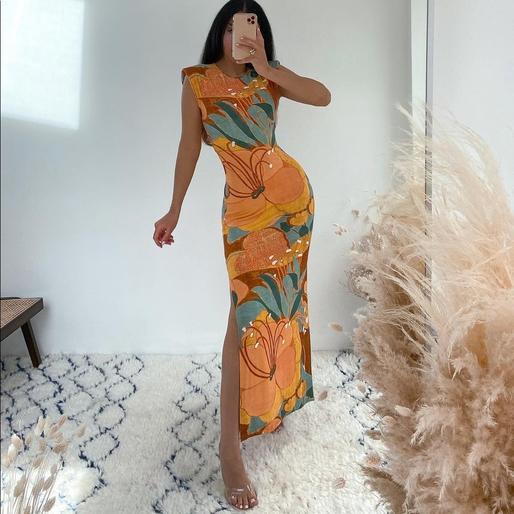 Zara Orange Floral Midi Dress with Teal Accents
